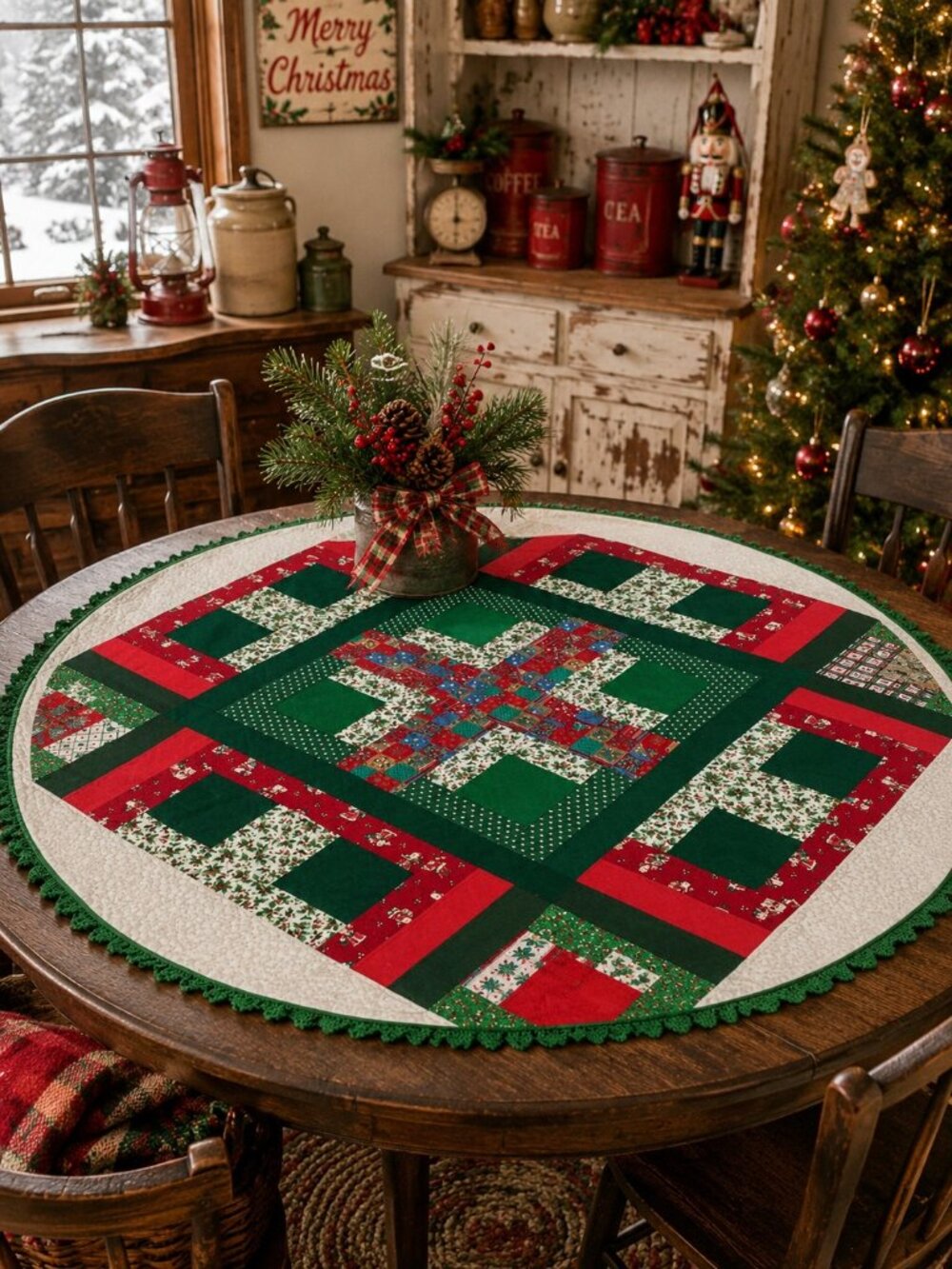 Vintage Handmade Christmas Quilt Table Topper 46.25" Round Green Red Lace Trim